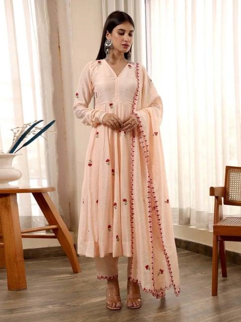 asrumo peach adah monsoon chanderi embroidered anarkali kurta with pant and dupatta