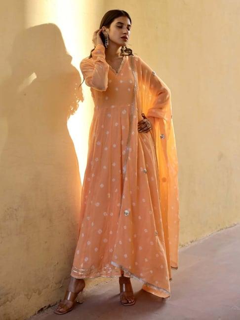 asrumo peach handcrafted bhandhej anarkali