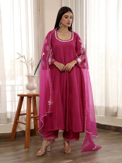 asrumo pink adah monsoon aari embroidered anarkali kurta with pant and dupatta