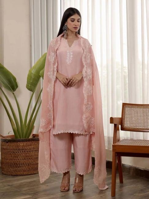 asrumo pink adah monsoon muslin embroidered kurta with palazzo and organza dupatta