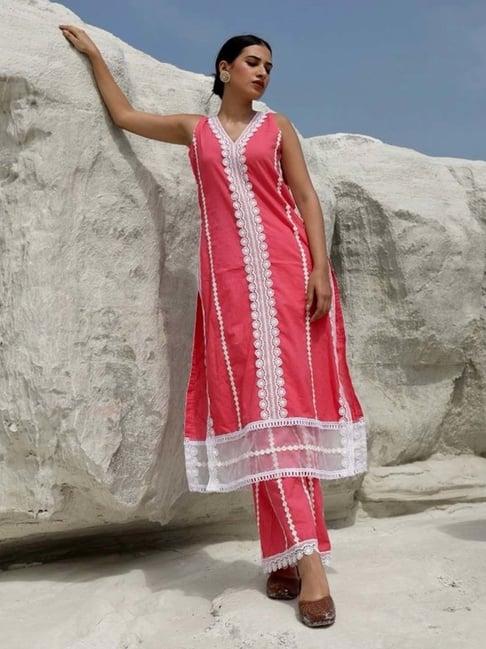 asrumo pink cotton white lace straight set