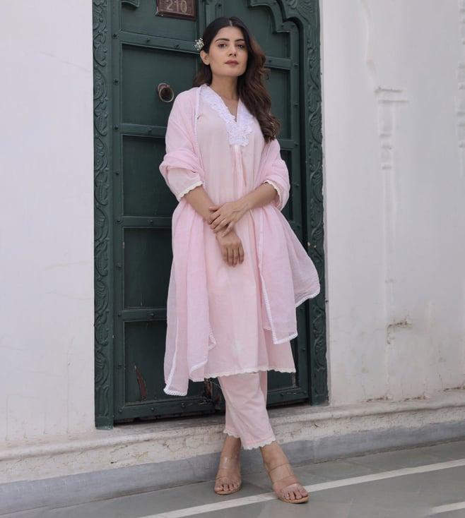 asrumo pink sukoon summer cotton tie and dye white lace straight kurta with pant and doriya dupatta set