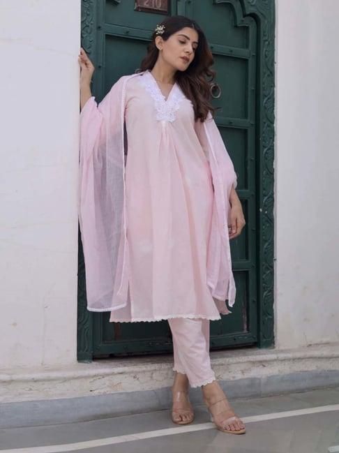 asrumo pink sukoon summer cotton tie and dye white lace straight kurta with pant and doriya dupatta set