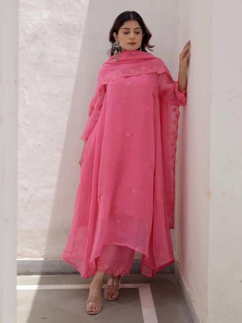 asrumo pink sukoon summer hand aari embroidery viscose organza three anarali kurta with palazzo and dupatta