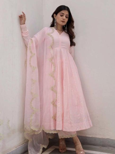 asrumo pink sukoon summer muslin anarkali kurta with pant and zari work organza dupatta set