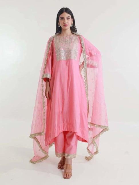 asrumo pink tara chanderi straight kurta with pant and dupatta