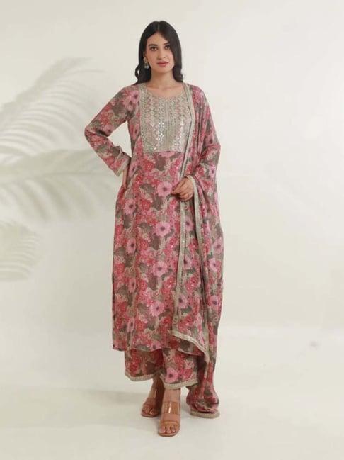 asrumo pink tara jaal floral digital print viscose chinon fabric kurta with palazzo and dupatta