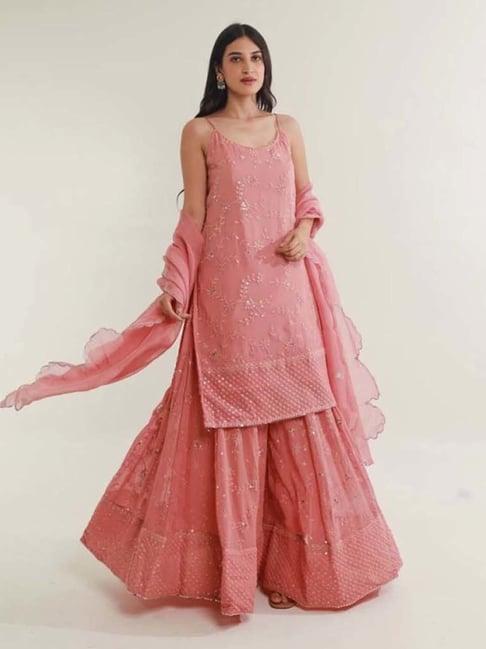 asrumo pink tara mirror work chikankari georgette kurta with sharara and dupatta