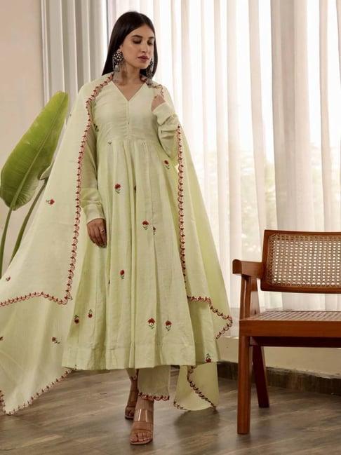 asrumo pista adah monsoon green chanderi embroidered anarkali kurta with pant and dupatta