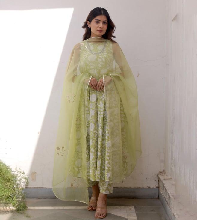 asrumo pista sukoon summer jaal handblock cotton anarkali kurta with pant and organza gota work dupatta set