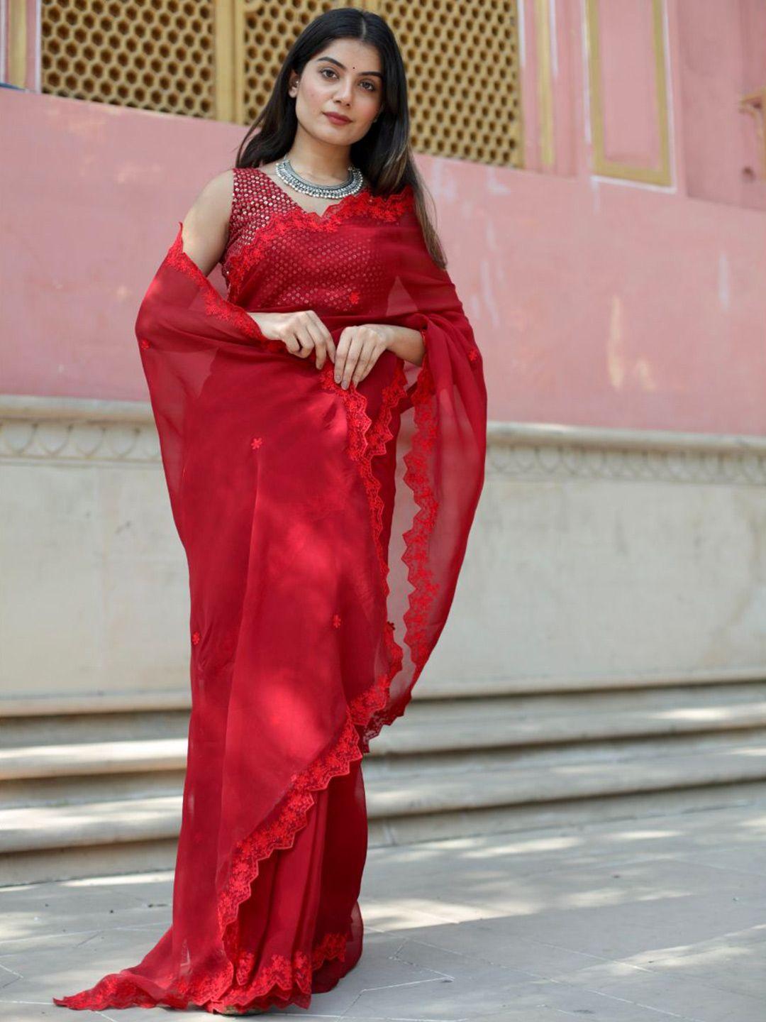 asrumo red floral embroidered organza saree