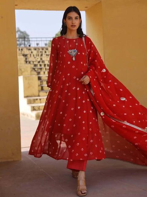 asrumo red hand tie and dye bhandhej anarkali