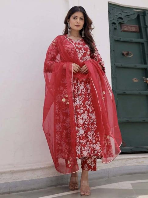 asrumo red sukoon summer jaal handblock cotton anarkali kurta with pant and organza gota work dupatta set