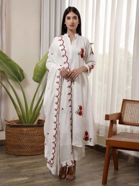 asrumo white adah monsoon muslin red flower embroidered a-line straight kurta with palazzo and dupatta