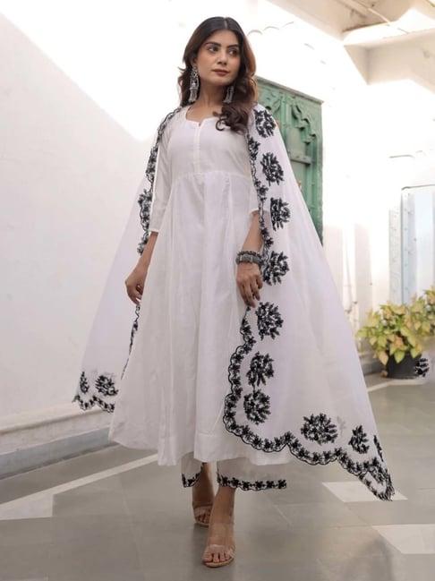 asrumo white sukoon summer muslin three anarkali kurta with palazzo and embroidered work organza dupatta set