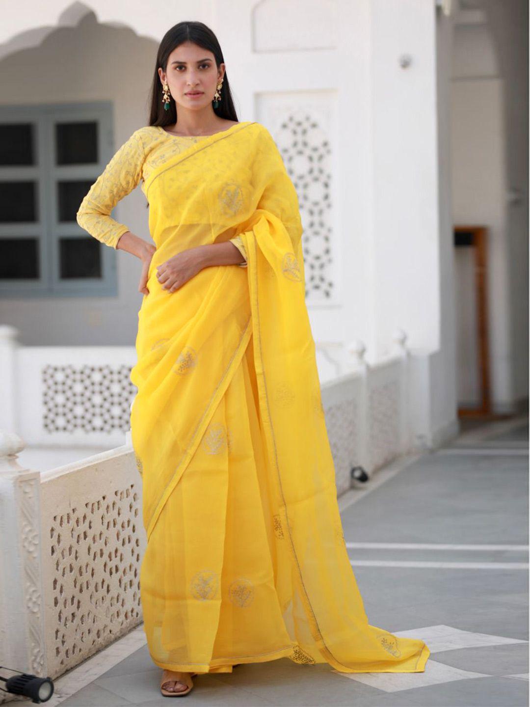 asrumo yellow & gold-toned floral embroidered organza saree