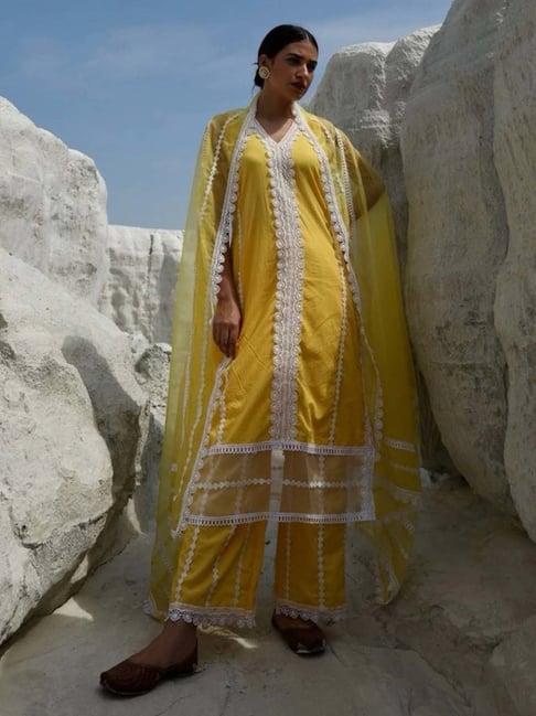 asrumo yellow cotton white lace straight set