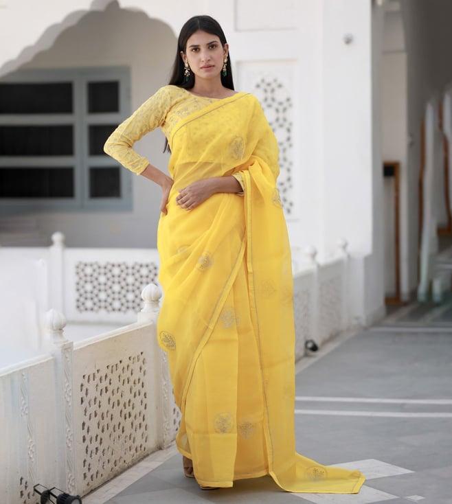 asrumo yellow sukoon summer shreeja viscose silk organza saree with unstitched blouse