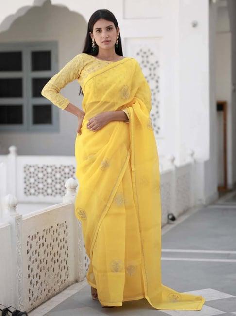 asrumo yellow sukoon summer shreeja viscose silk organza saree with unstitched blouse