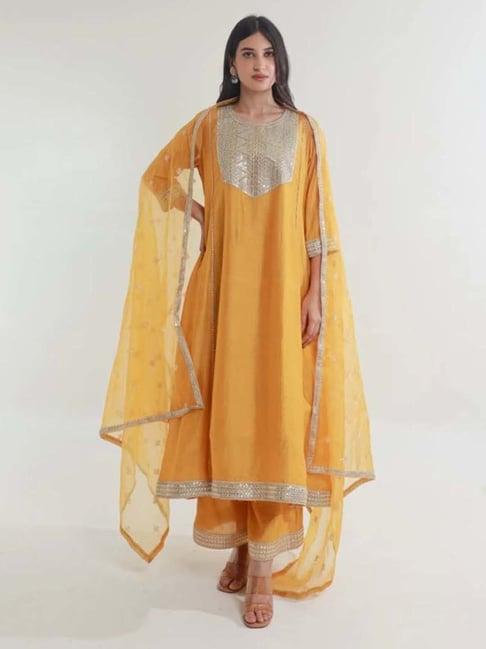 asrumo yellow tara chanderi straight kurta with palazzo and dupatta