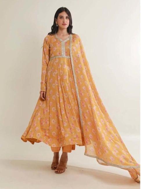 asrumo yellow tara floral digital print viscose chinon anarkali kurta with pant and dupatta