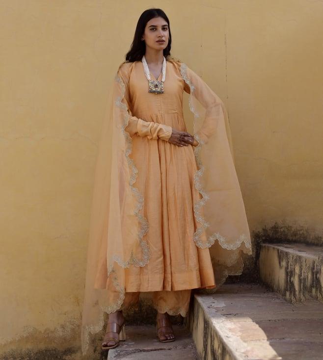 asrumo yellow zari work chanderi anarkali set