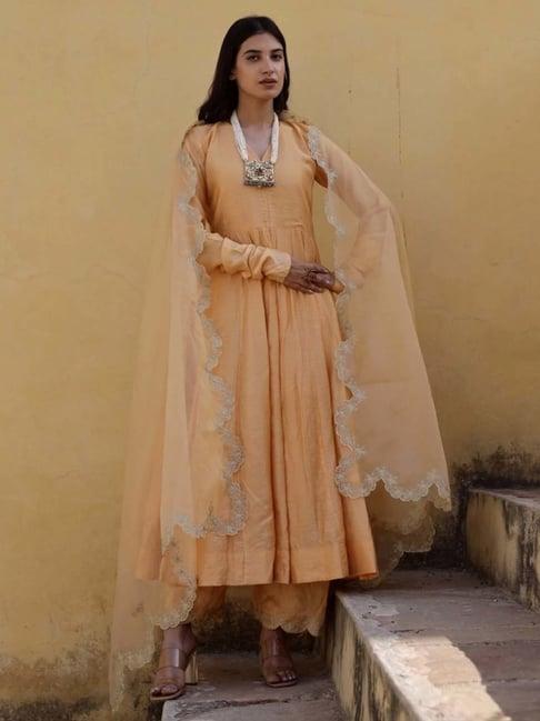 asrumo yellow zari work chanderi anarkali set