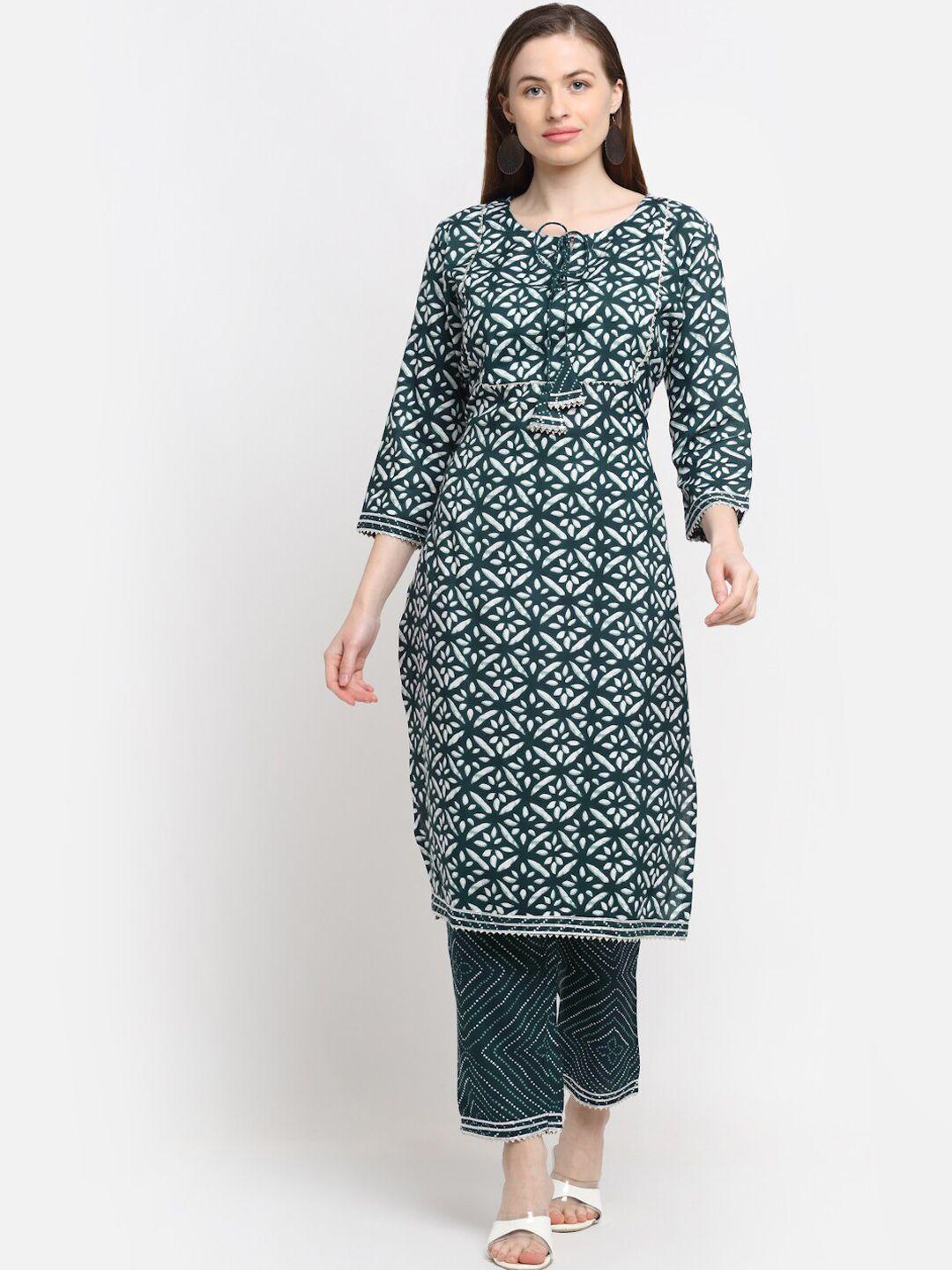 assamica women green ethnic motifs printed gotta patti pure cotton kurta with trousers