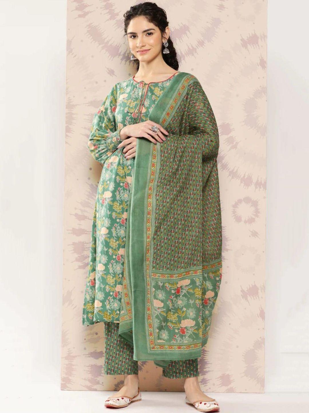 assamica women green floral printed regular pure cotton kurta with palazzos & with dupatta
