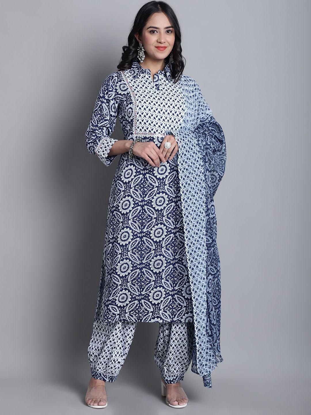 assamica women navy blue floral printed regular gotta patti pure cotton kurta with salwar & with dupatta