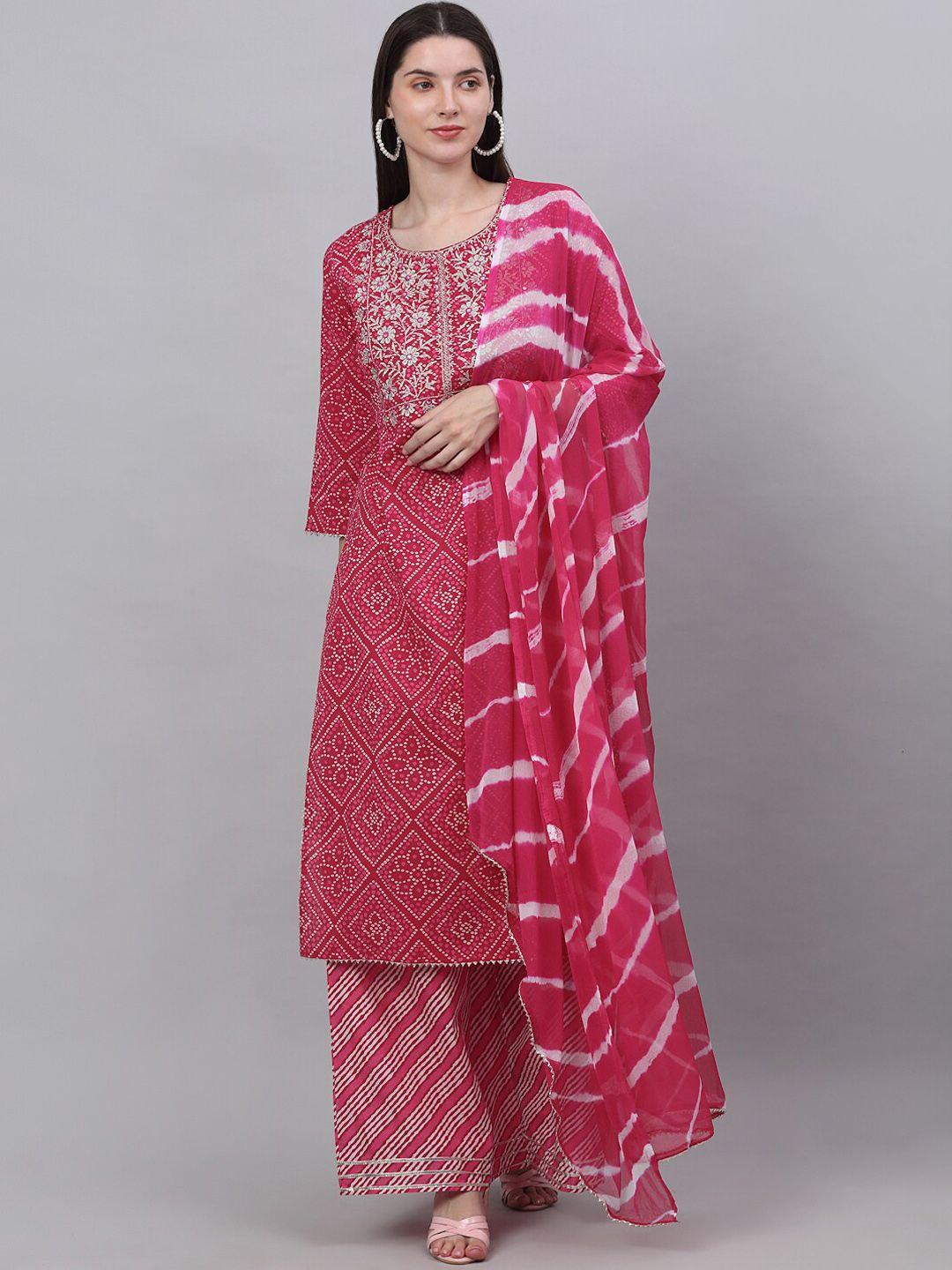 assamica women pink floral yoke design sequinned kurta with palazzos & with dupatta
