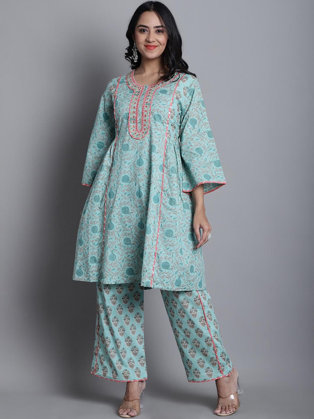 assamica women sea green ethnic motifs printed empire pure cotton kurta with palazzos