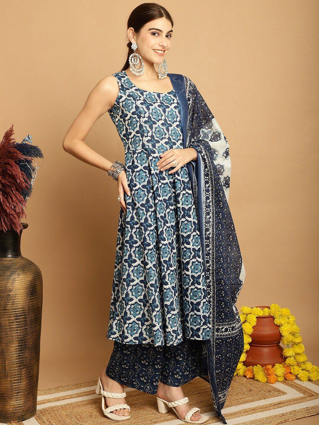 assamica ethnic motifs printed pure cotton a-line kurta with palazzos & dupatta