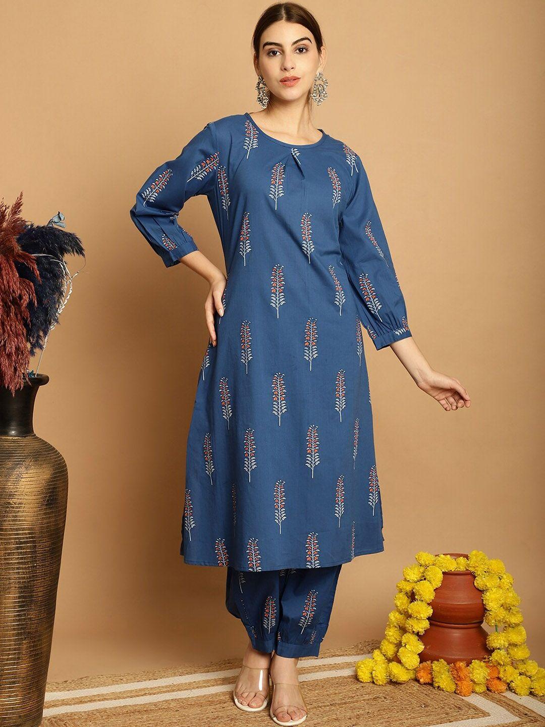 assamica floral printed pure cotton a-line kurta with salwar