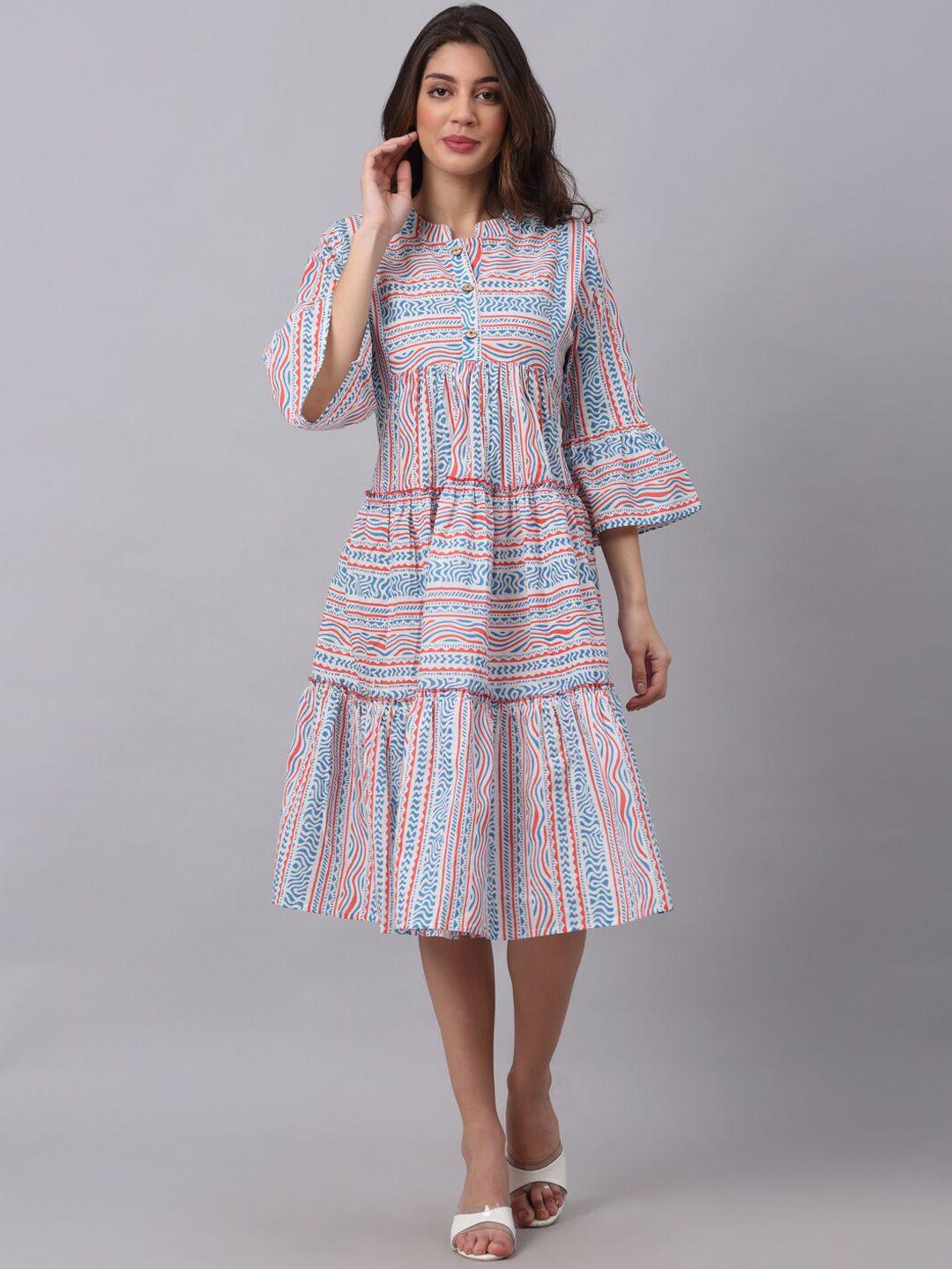 assamica geometric printed bell sleeves pure cotton fit & flare dress