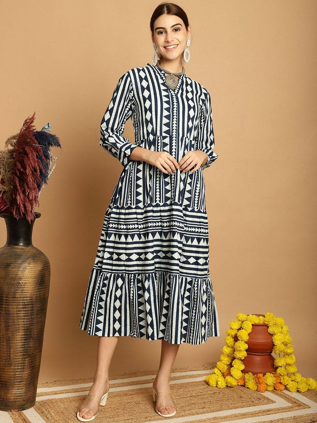 assamica geometric printed cotton fit & flared midi ethnic dress