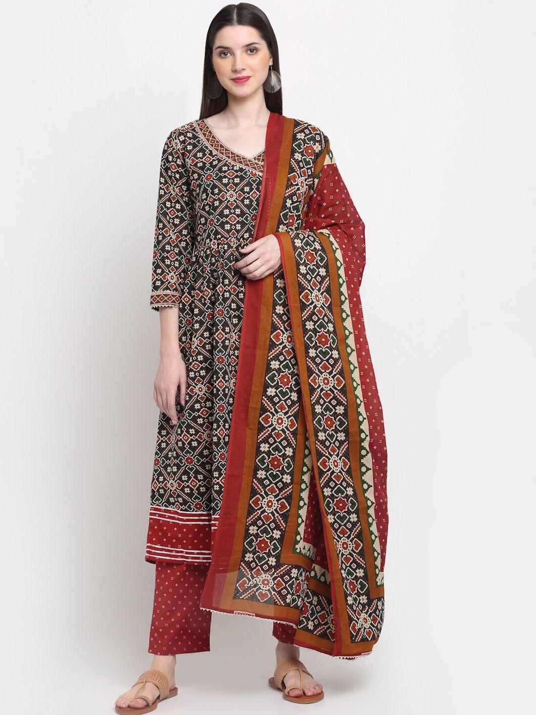 assamica women black ethnic motifs printed angrakha pure cotton kurta with trousers & with dupatta