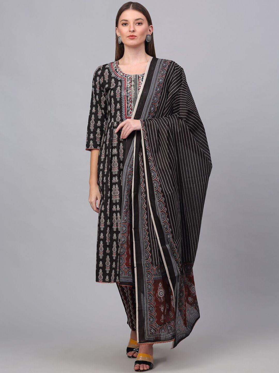 assamica women black ethnic motifs printed sequinned pure cotton kurta with trousers & with dupatta
