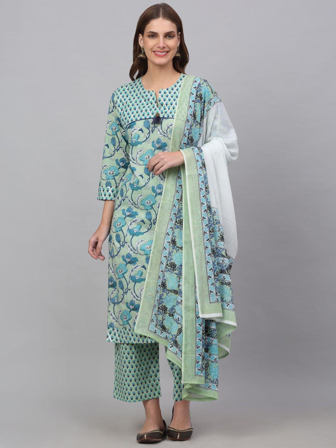 assamica women floral printed notched pure cotton kurta with palazzos & dupatta