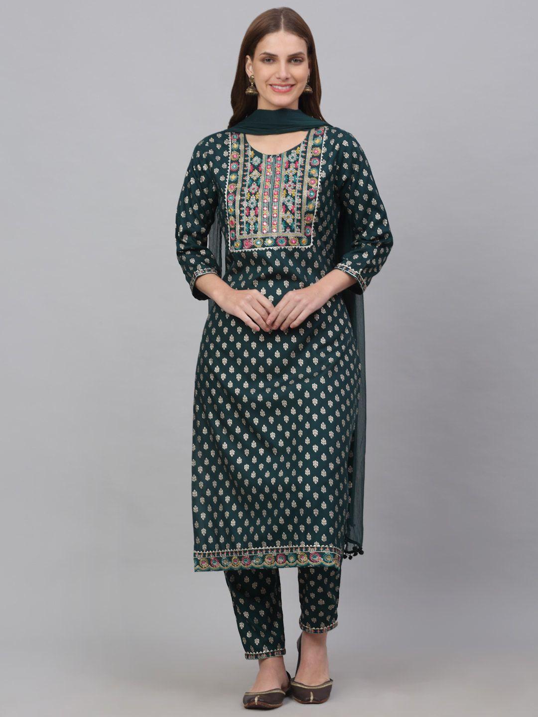 assamica women floral printed thread work kurta with trousers & dupatta