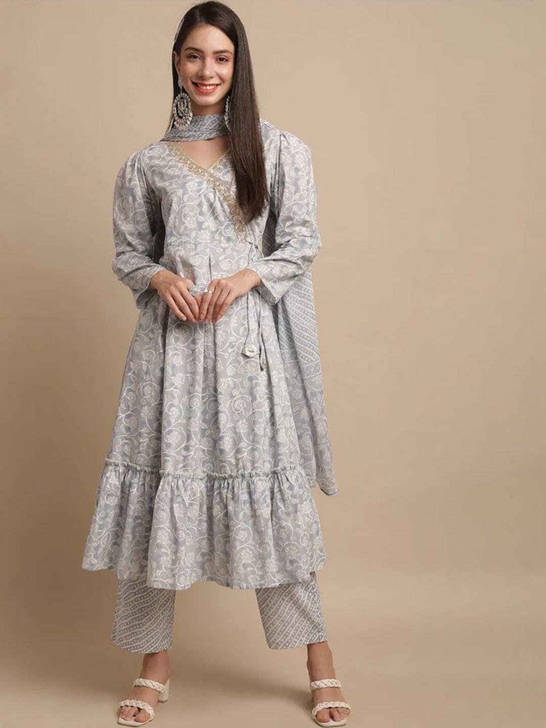 assamica women grey floral yoke design empire zardozi pure cotton kurta with palazzos & with dupatta