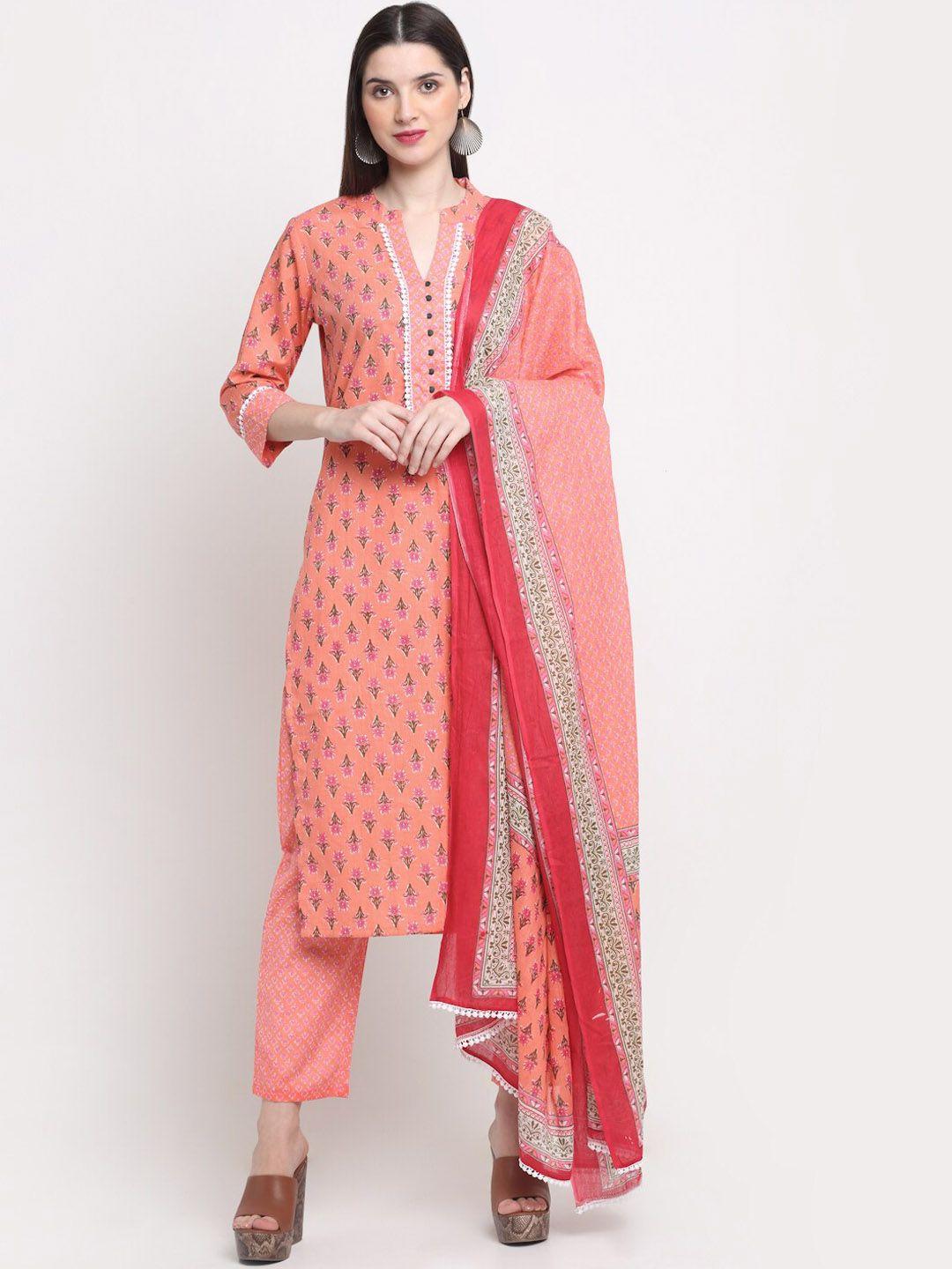 assamica women peach-coloured ethnic motifs printed pure cotton kurta with trousers & with dupatta