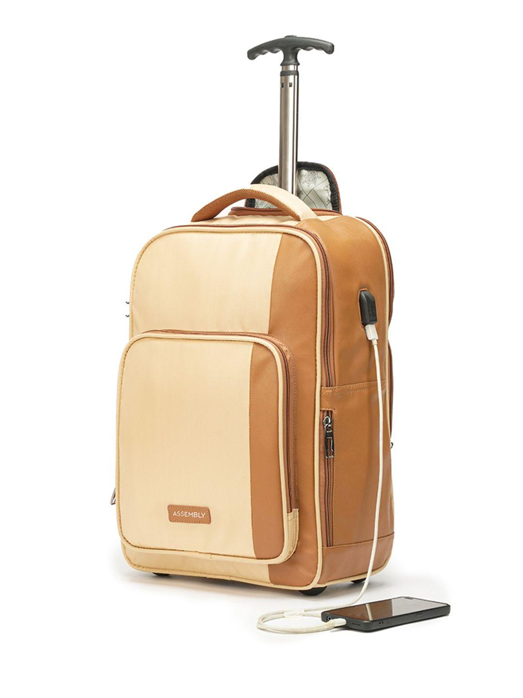 assembly unisex beige & brown backpack with usb charging port