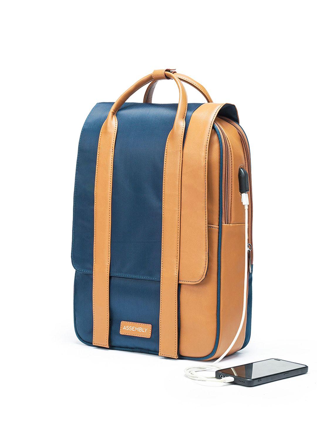 assembly unisex blue & brown backpack with usb charging port