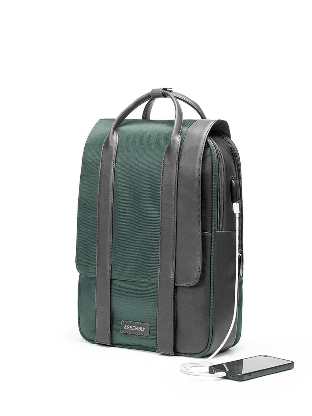 assembly unisex green & grey backpack with usb charging port