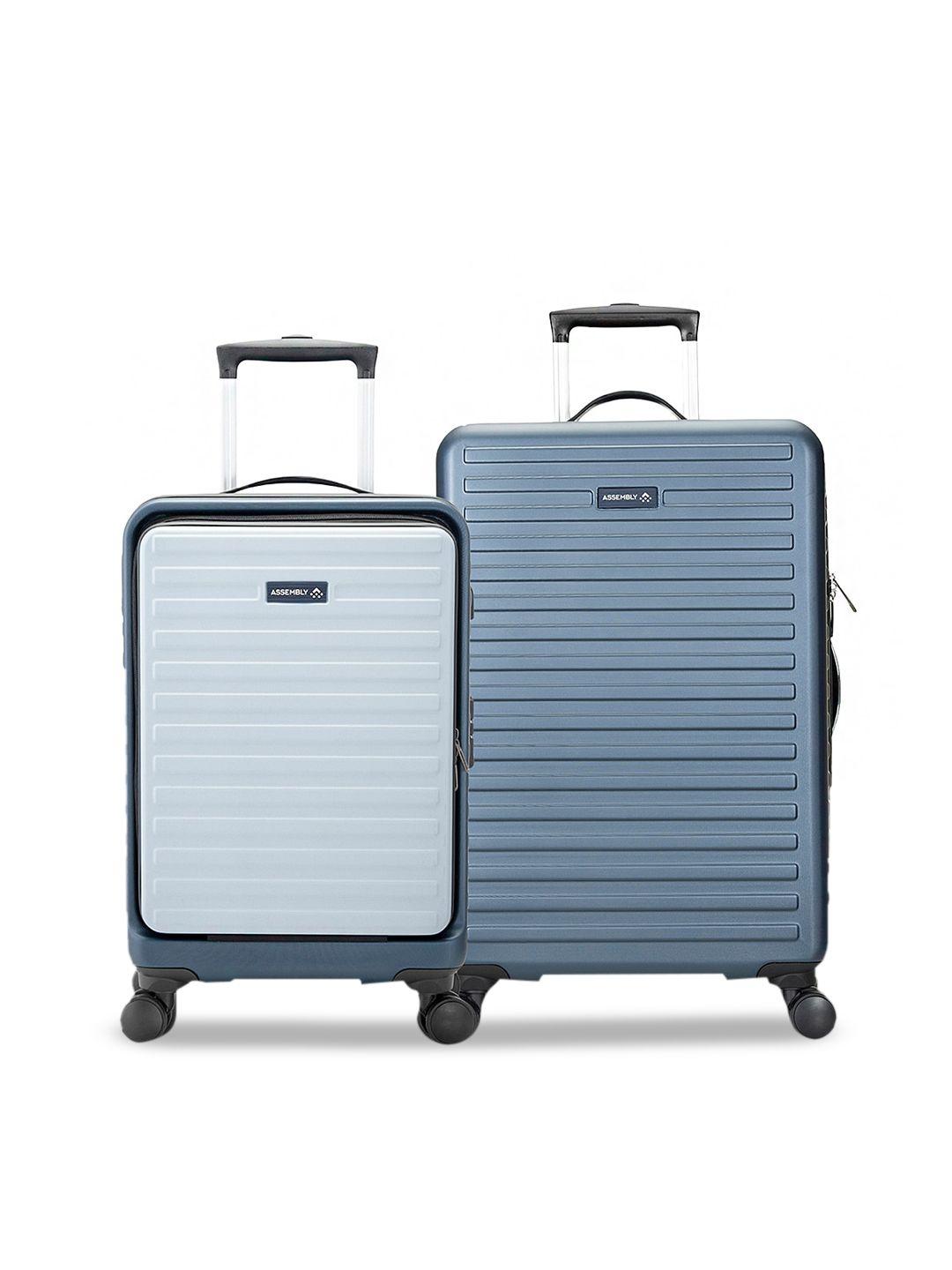 assembly set of 2 blue & silver check in hardsided trolley 67l & cabin luggage bag 42l
