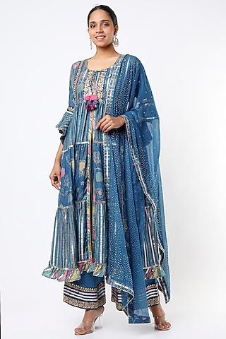 aster blue embroidered layered anarkali set