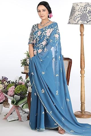 aster blue embroidered saree set