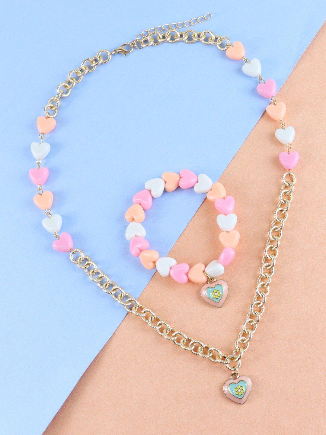 asthetika kids girls pink & white artificial beads heart charm jewellery set