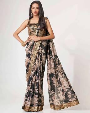 astonishing black floral print organza saree with blouse printed saree